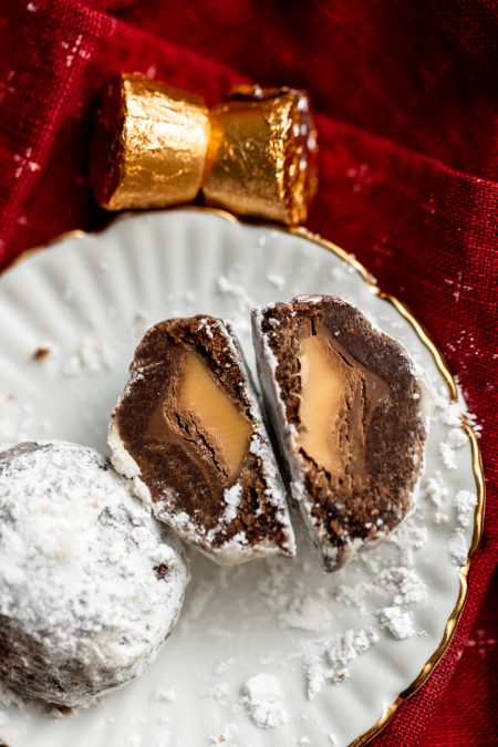 Caramel chocolate snowball cookies